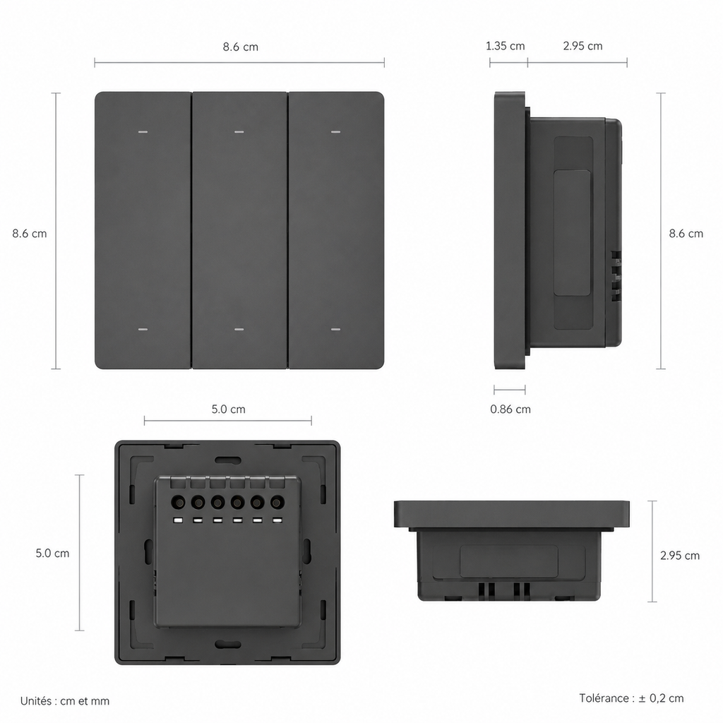 NeoTouch Glass T2 T3 Pro, dimensions interrupteur noir 3 boutons.