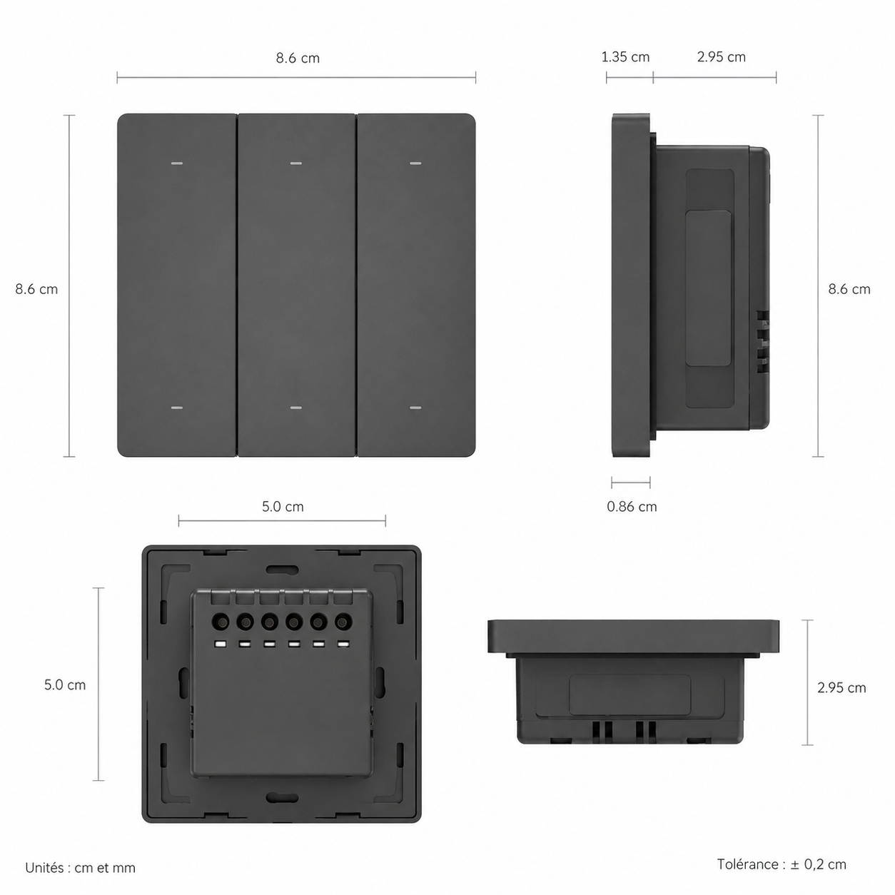 NeoTouch Glass T2 T3 Pro, dimensions interrupteur noir 3 boutons.