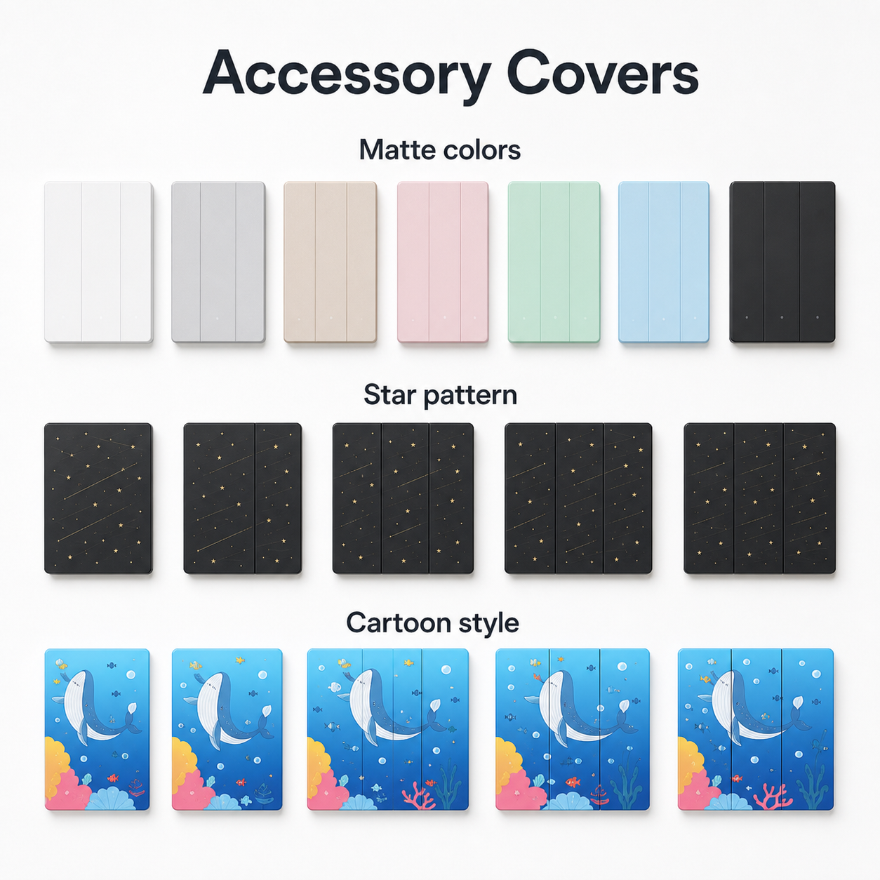 Accessory cover overview for NéoTouch Ultimate T5 Pro with matte, star and cartoon styles