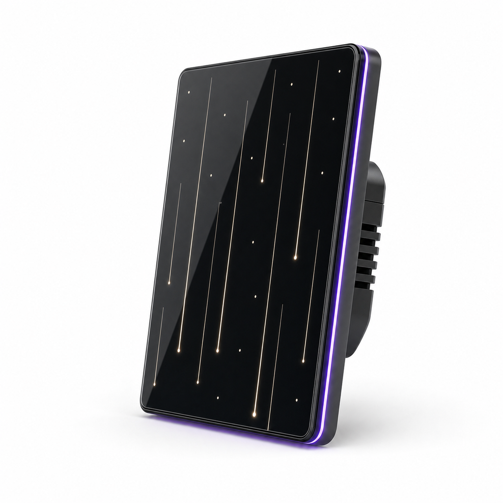 Studio side profile of NéoTouch Ultimate T5 Pro black tactile wall switch with star pattern and LED edge