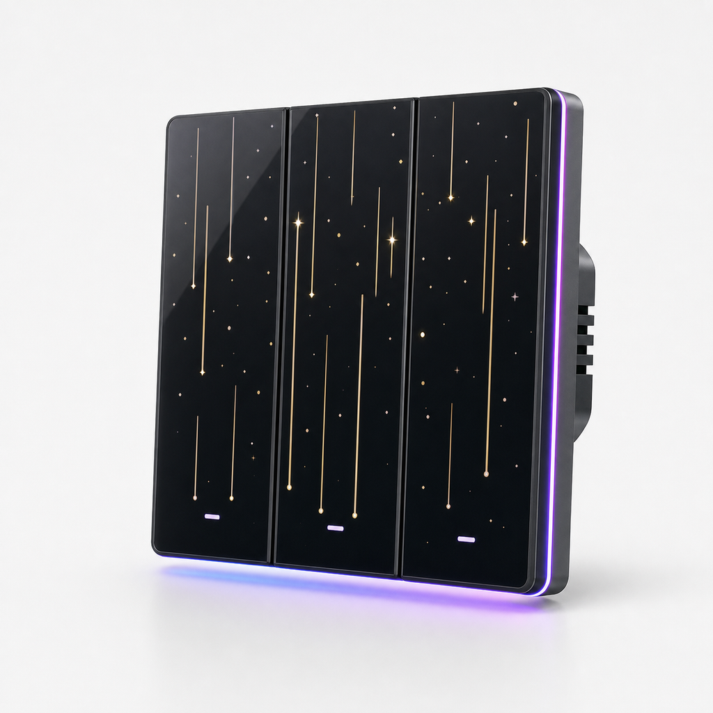 Studio hero image of NéoTouch Ultimate T5 Pro black star cover tactile wall switch with LED edge glow