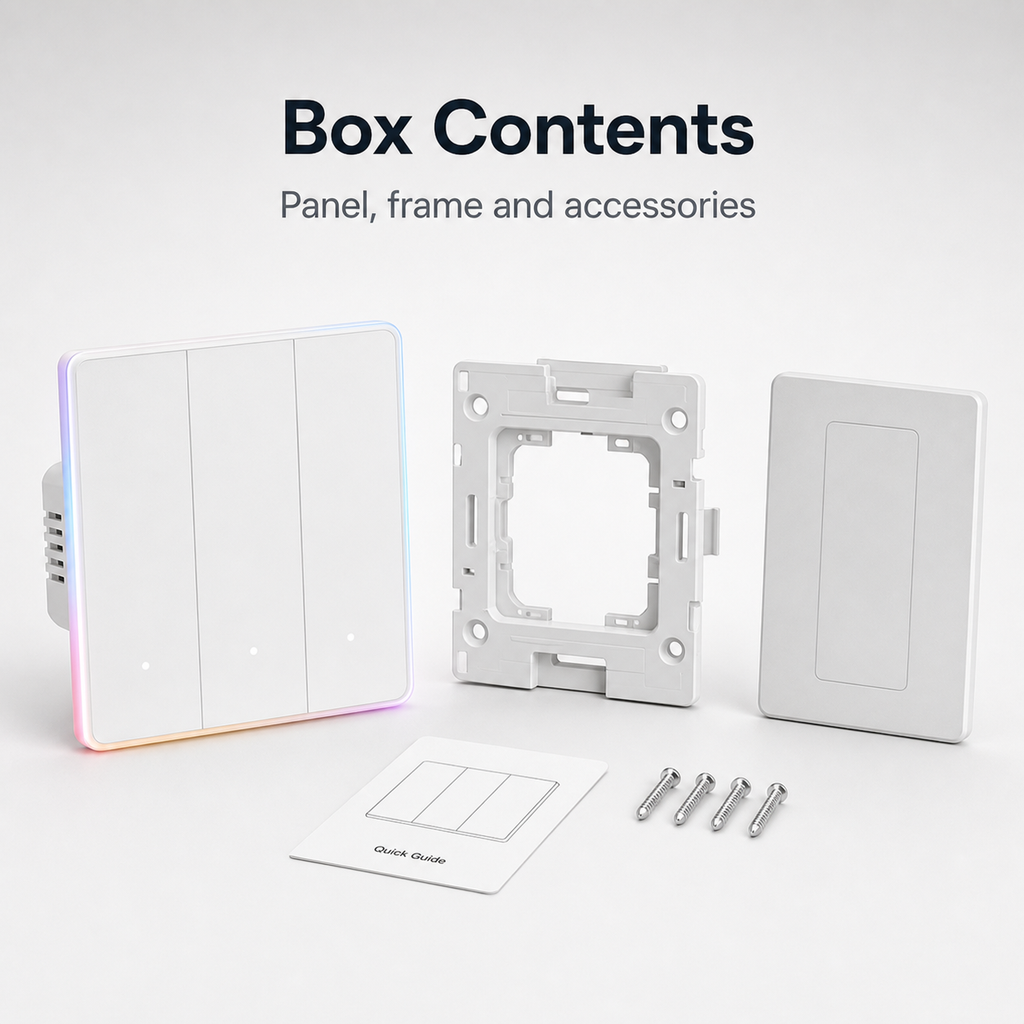 Box contents for NéoTouch Ultimate T5 Pro with panel, frame and accessories