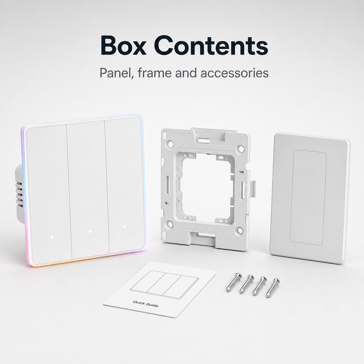 Box contents for NéoTouch Ultimate T5 Pro with panel, frame and accessories