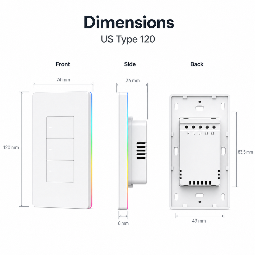 Dimensions diagram for NéoTouch Ultimate T5 Pro US touch wall panel