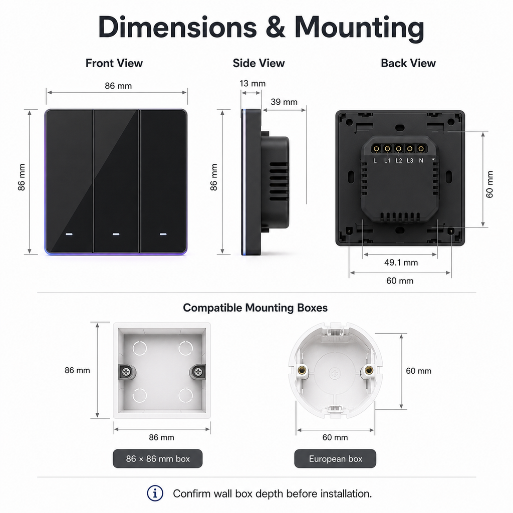 Dimensions and mounting overview for NéoTouch Ultimate T5 Pro tactile wall switch
