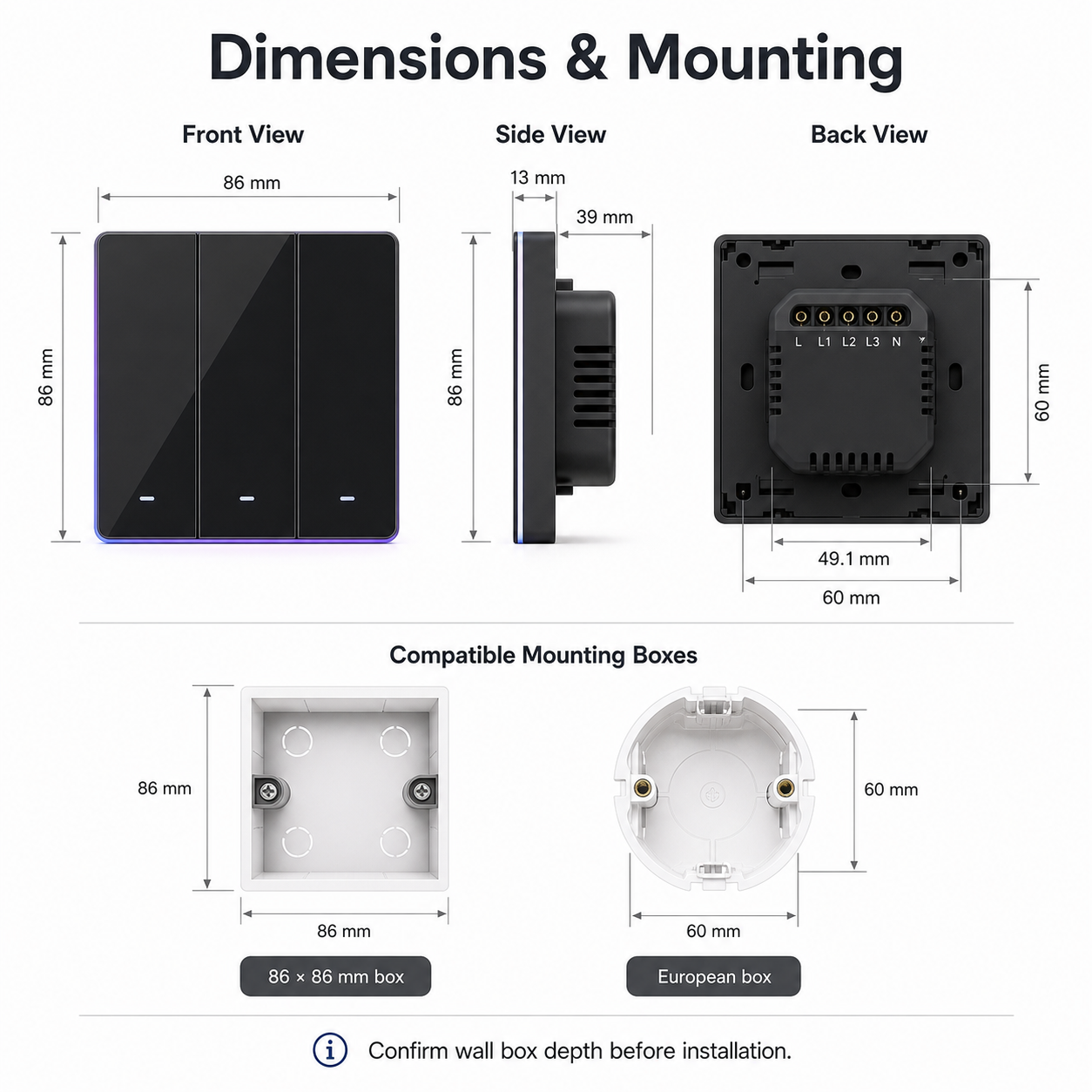 Dimensions and mounting overview for NéoTouch Ultimate T5 Pro tactile wall switch