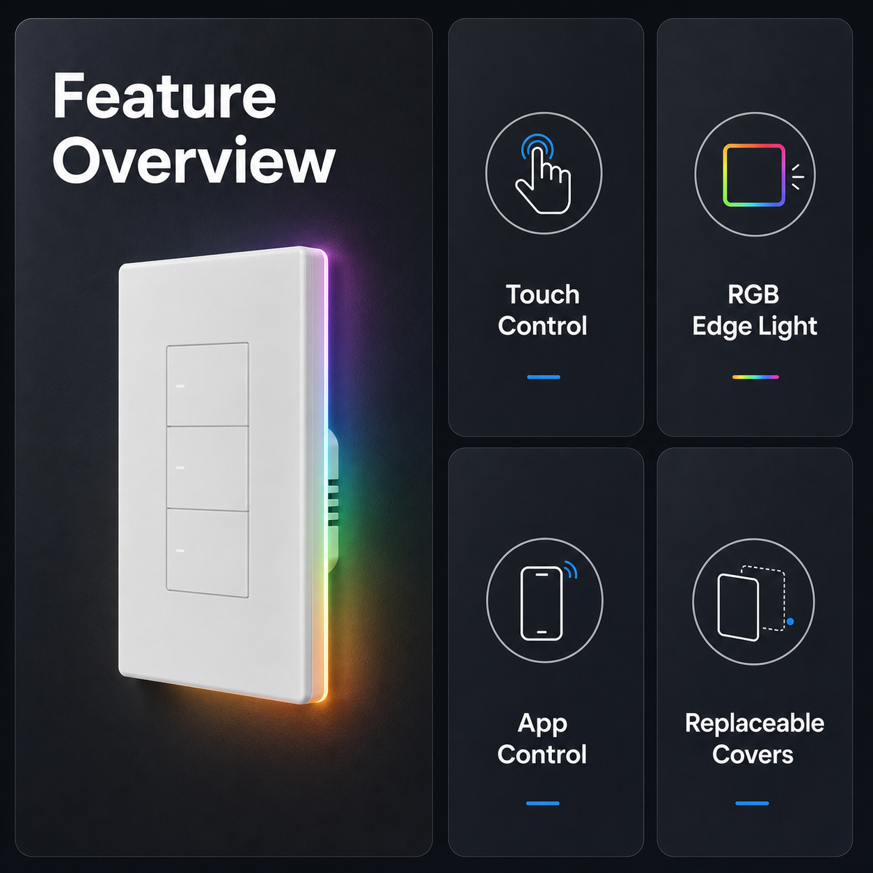 Feature overview for NéoTouch Ultimate T5 Pro with touch control, RGB edge light and app control