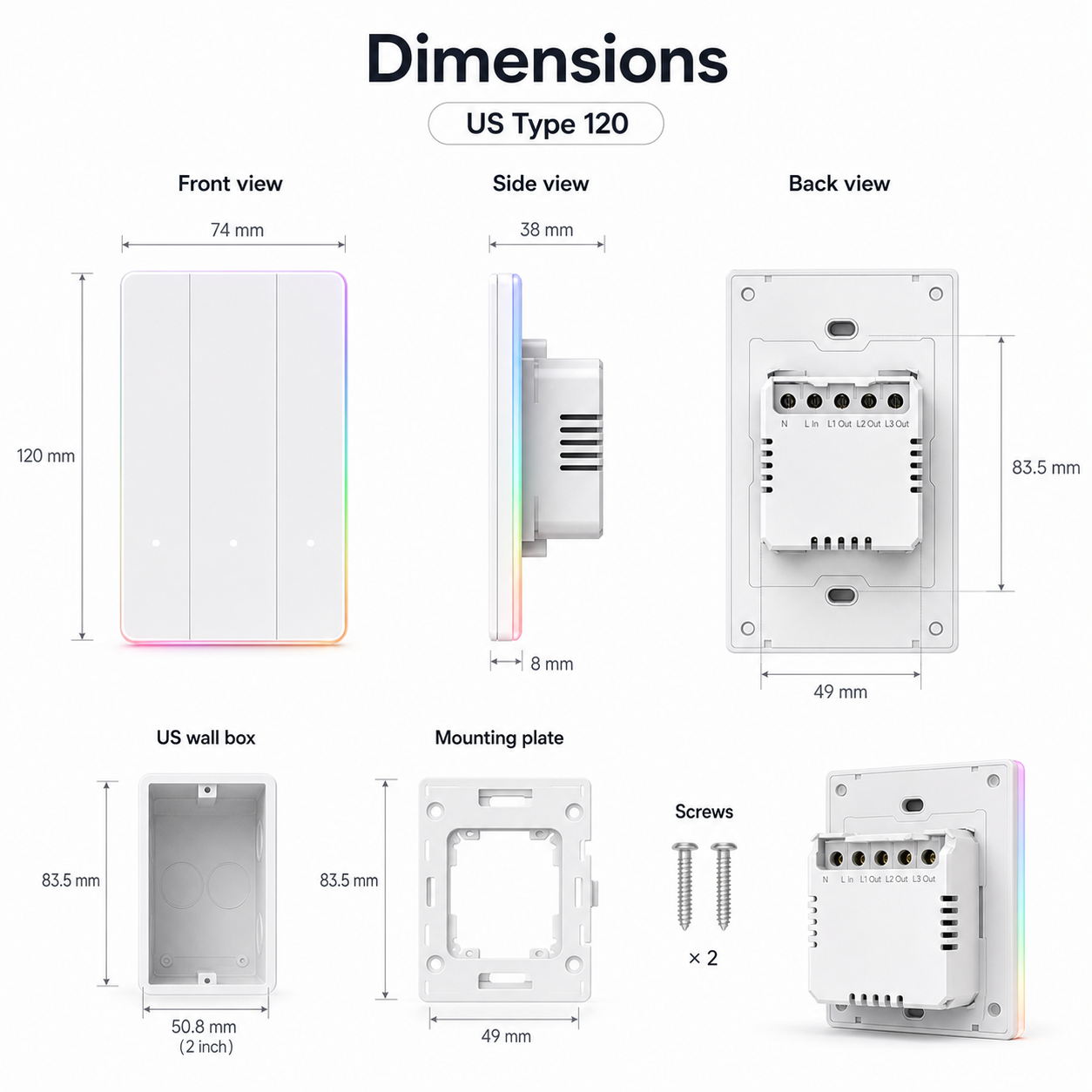 Installation dimensions for NéoTouch Ultimate T5 Pro US touch wall panel