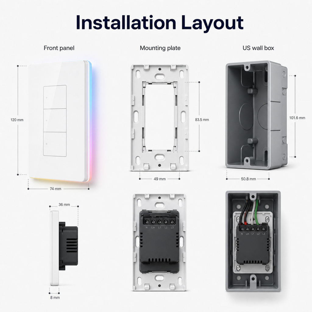 Installation layout showing NéoTouch Ultimate T5 Pro front panel, mounting plate and wall box