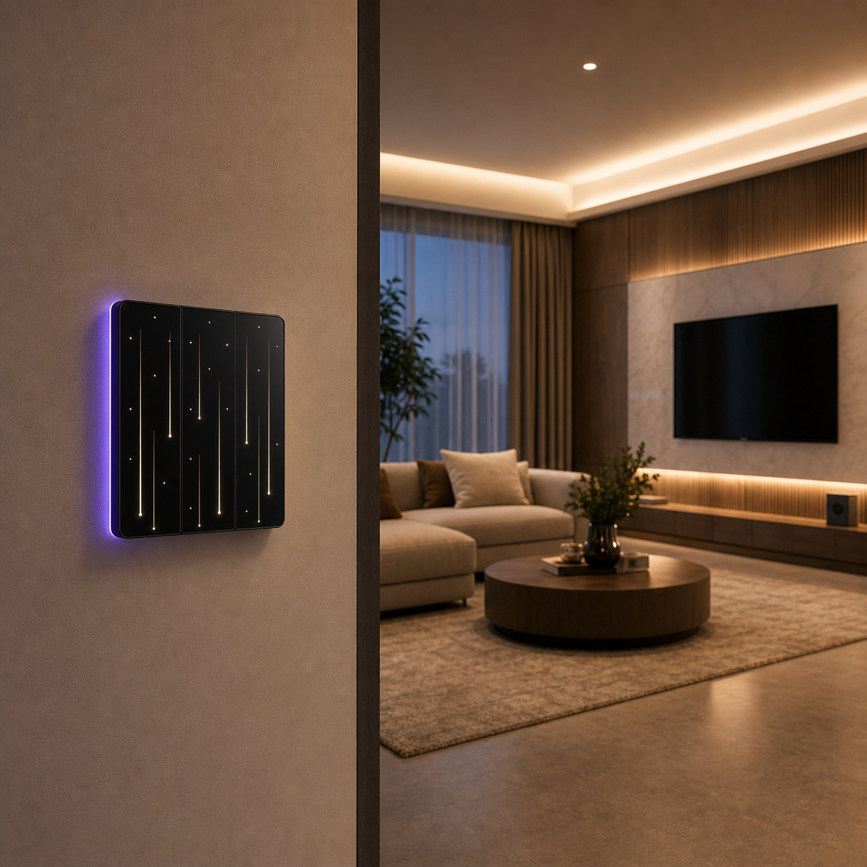 NéoTouch Ultimate T5 Pro black tactile wall switch installed in a modern living room