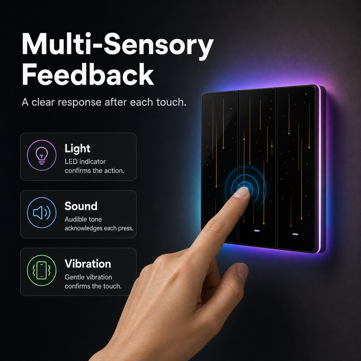 Multi-sensory touch feedback feature image for NéoTouch Ultimate T5 Pro wall switch