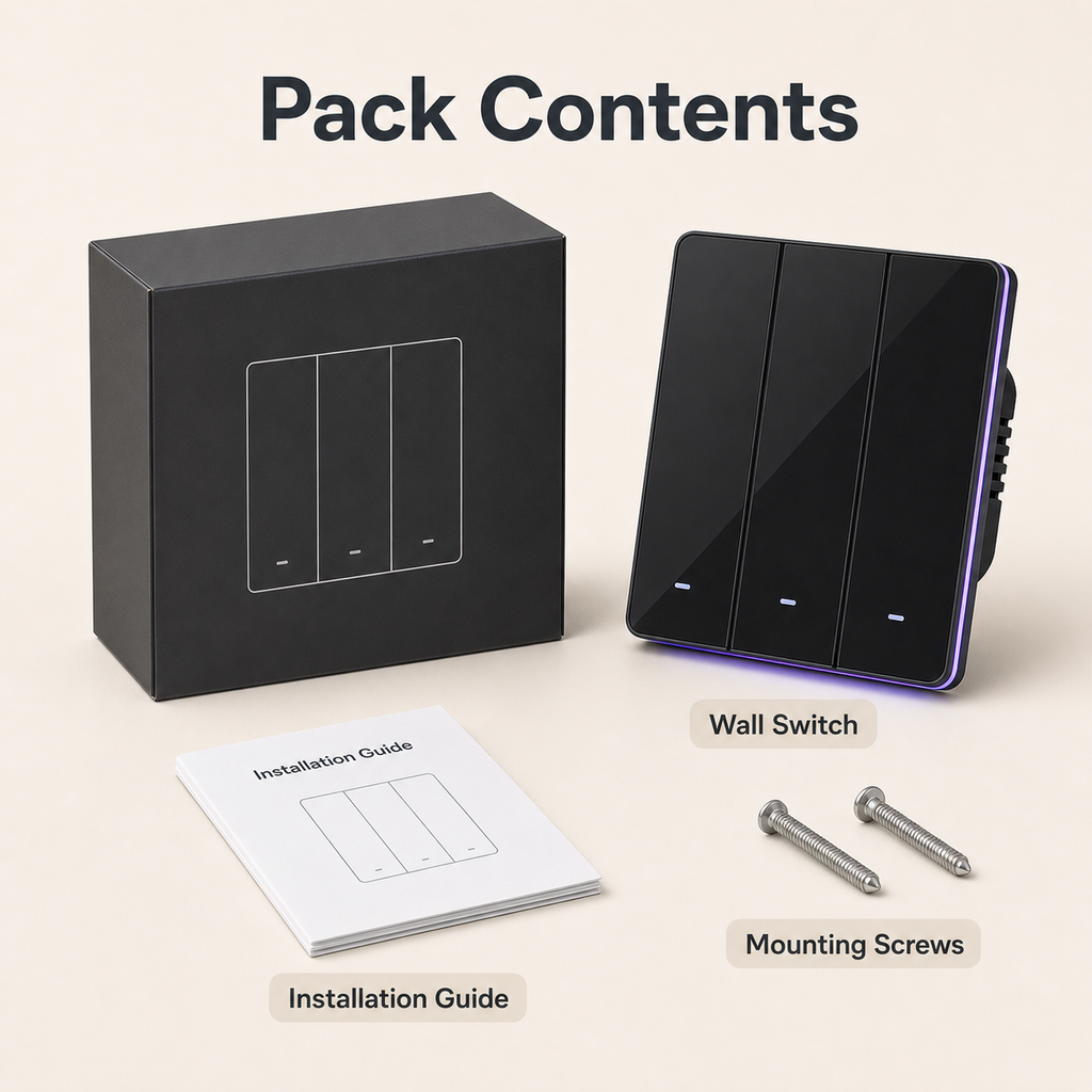 Pack contents for NéoTouch Ultimate T5 Pro tactile wall switch