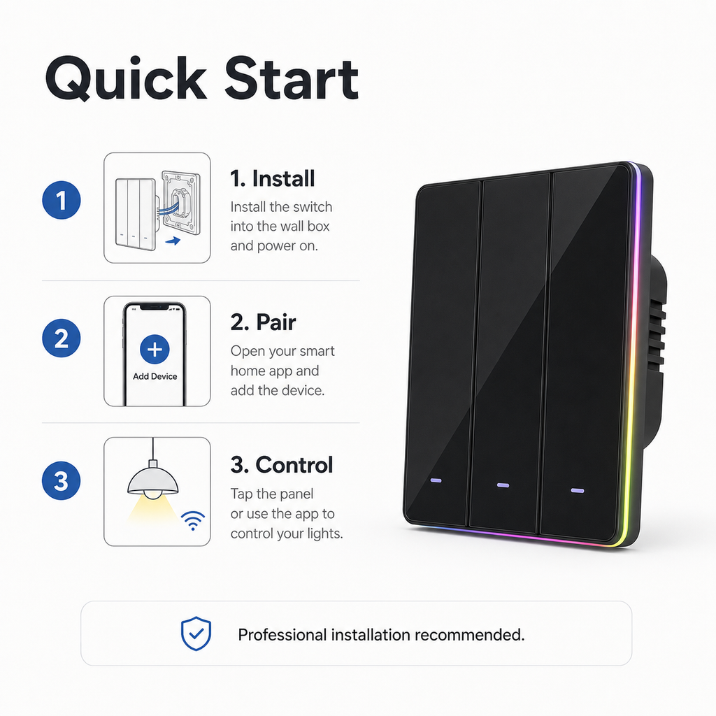 Quick start setup overview for NéoTouch Ultimate T5 Pro tactile wall switch