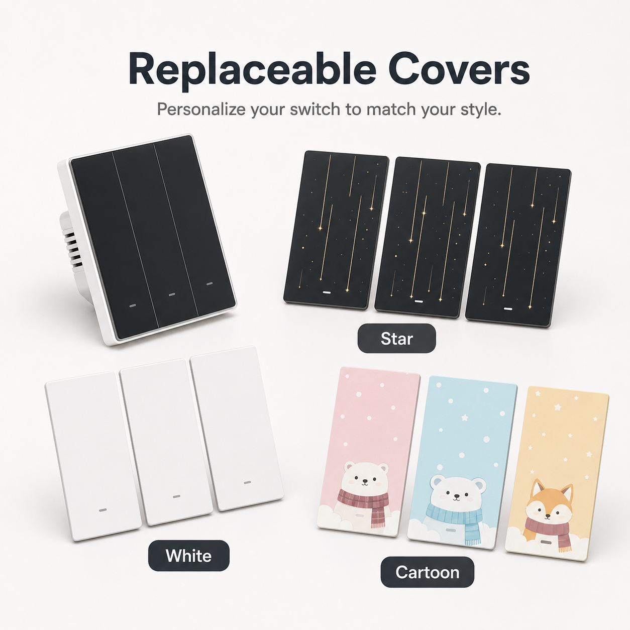 Replaceable cover options for NéoTouch Ultimate T5 Pro tactile wall switch