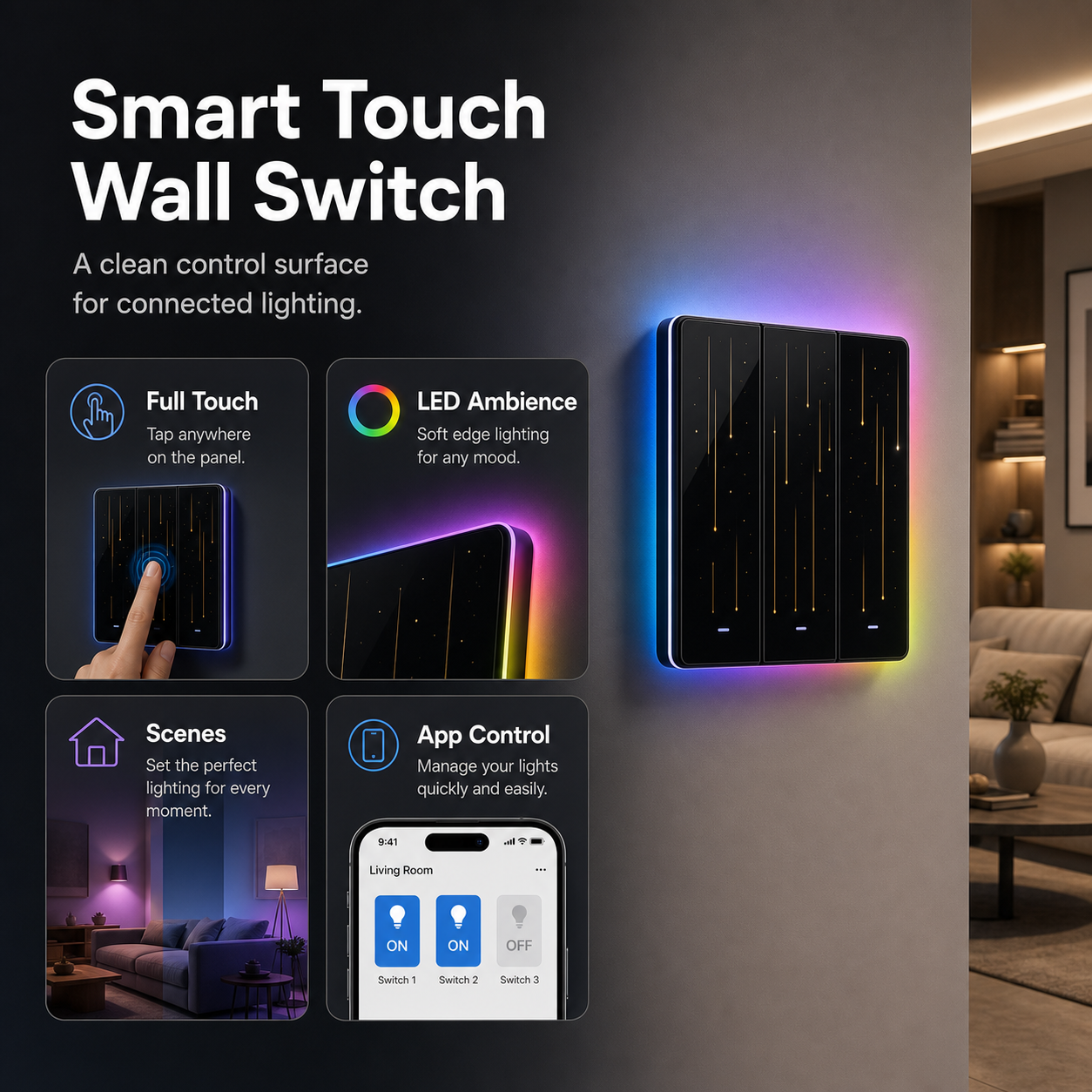 Smart feature overview for NéoTouch Ultimate T5 Pro tactile wall switch