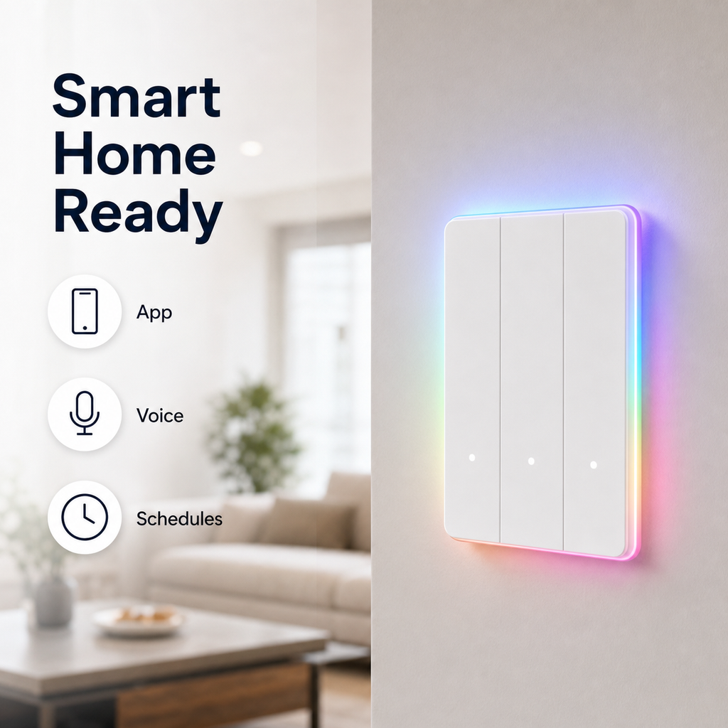 Smart home ready feature card for NéoTouch Ultimate T5 Pro with app, voice and schedules