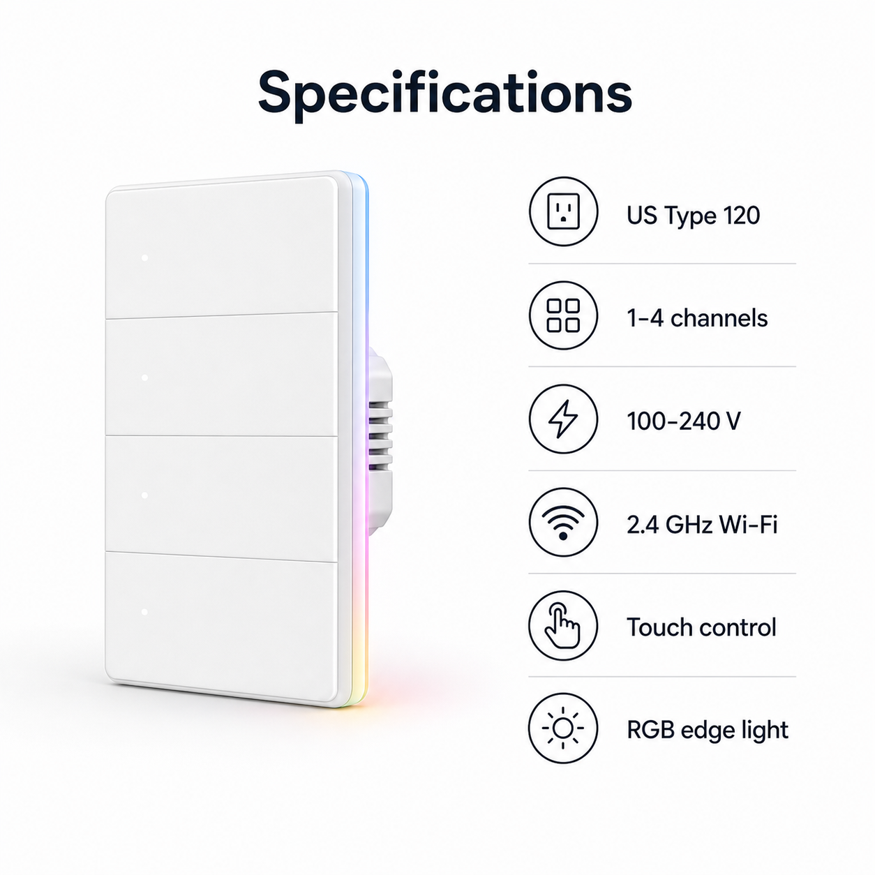 Specifications card for NéoTouch Ultimate T5 Pro US touch wall panel