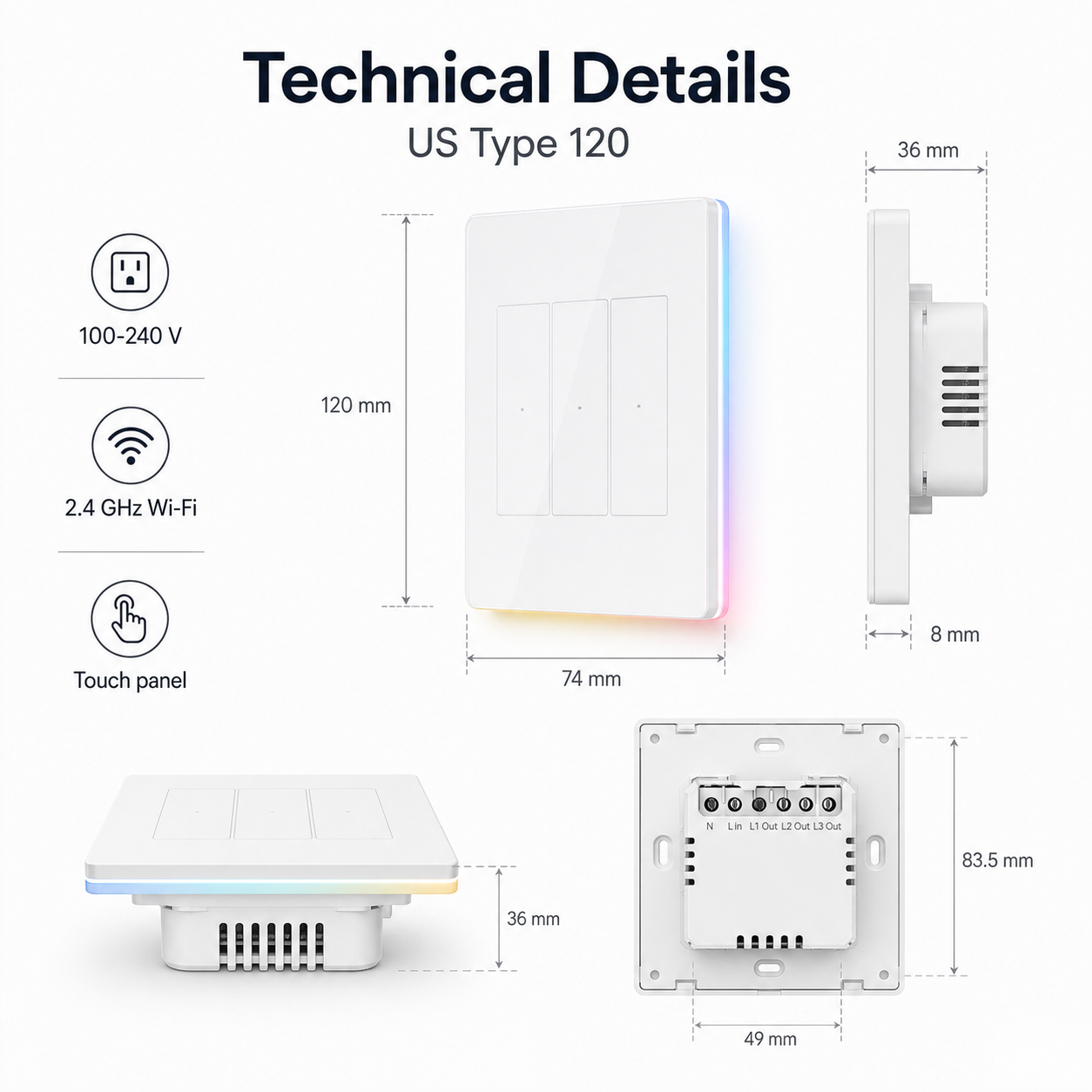 Technical details diagram for NéoTouch Ultimate T5 Pro US touch wall panel