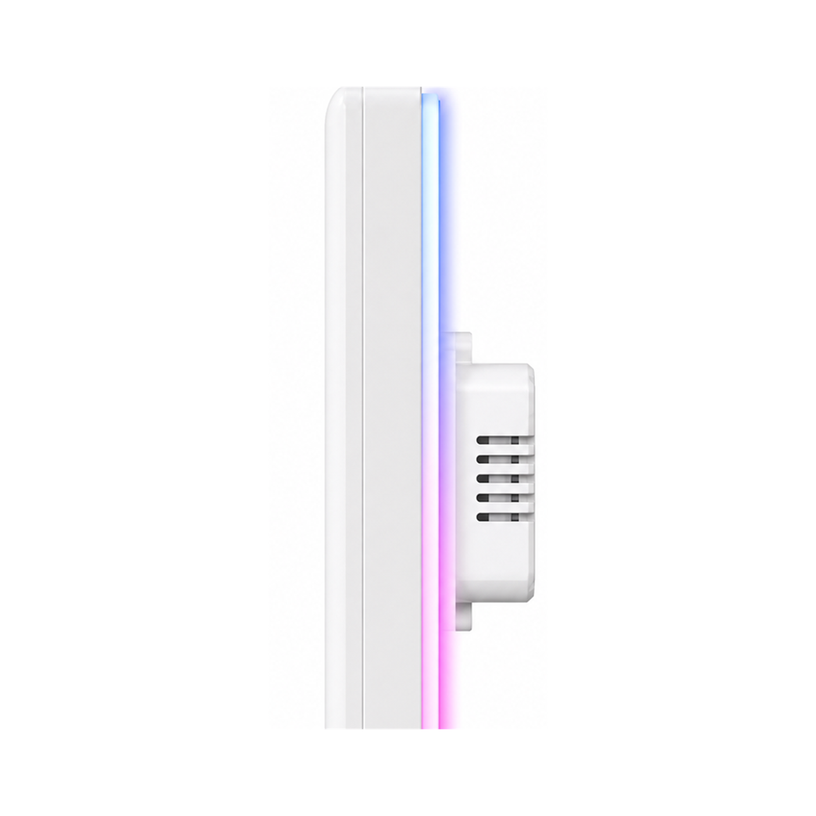 Vue de profil du panneau tactile NéoTouch Ultimate T5 Pro US avec bord LED RGB sur fond blanc.