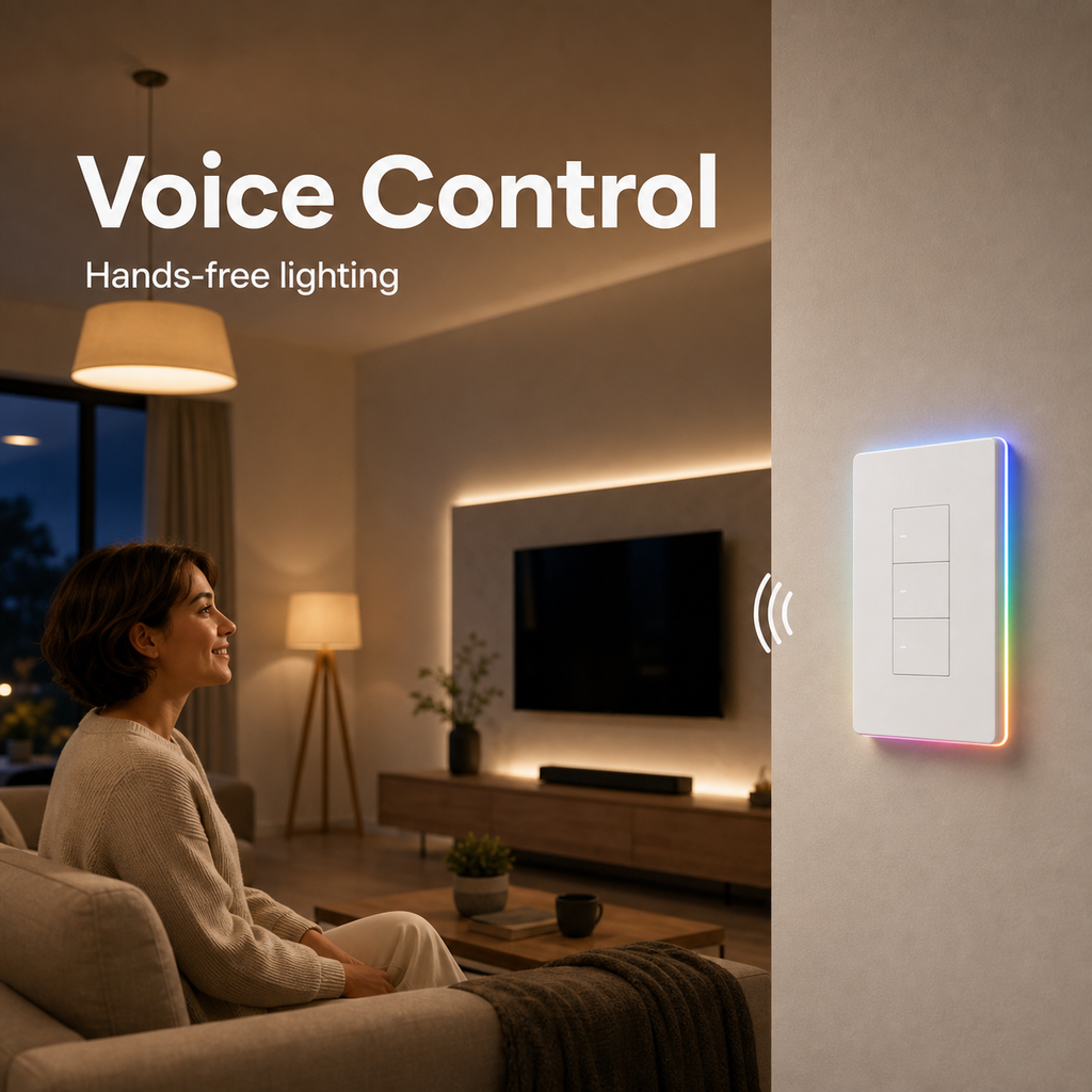Voice control lifestyle scene with NéoTouch Ultimate T5 Pro wall panel