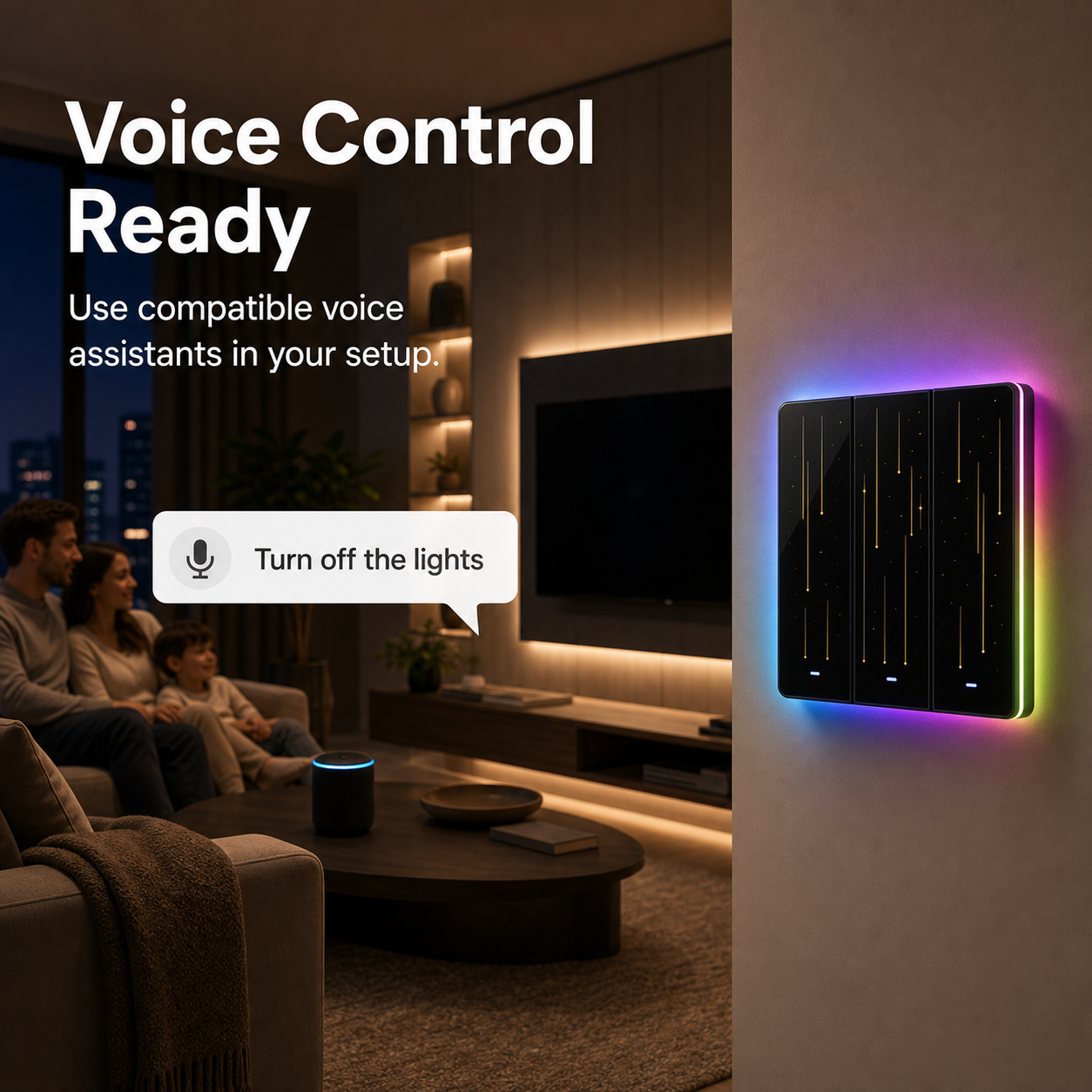 Voice control ready feature image for NéoTouch Ultimate T5 Pro wall switch with generic assistant icon