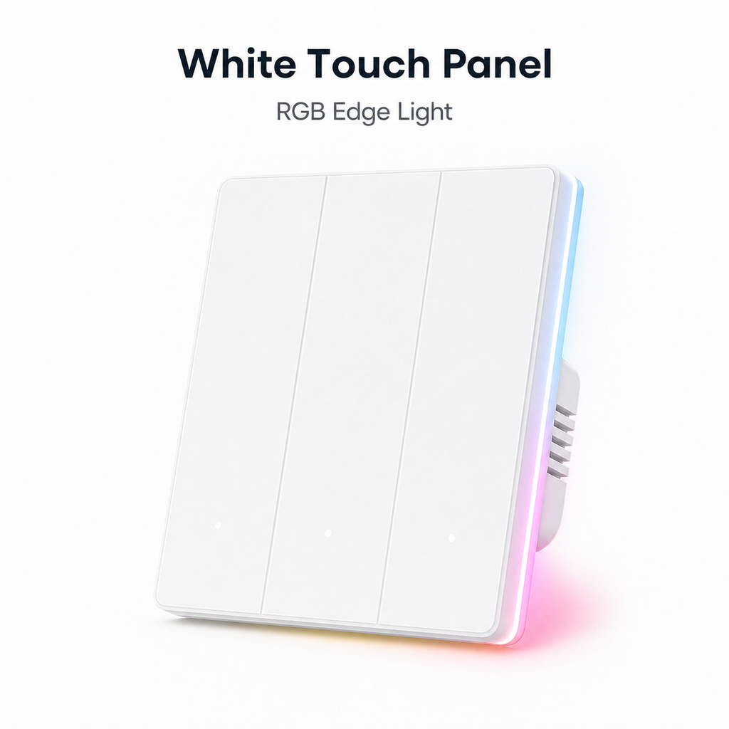Studio packshot of white NéoTouch Ultimate T5 Pro touch panel with RGB edge light