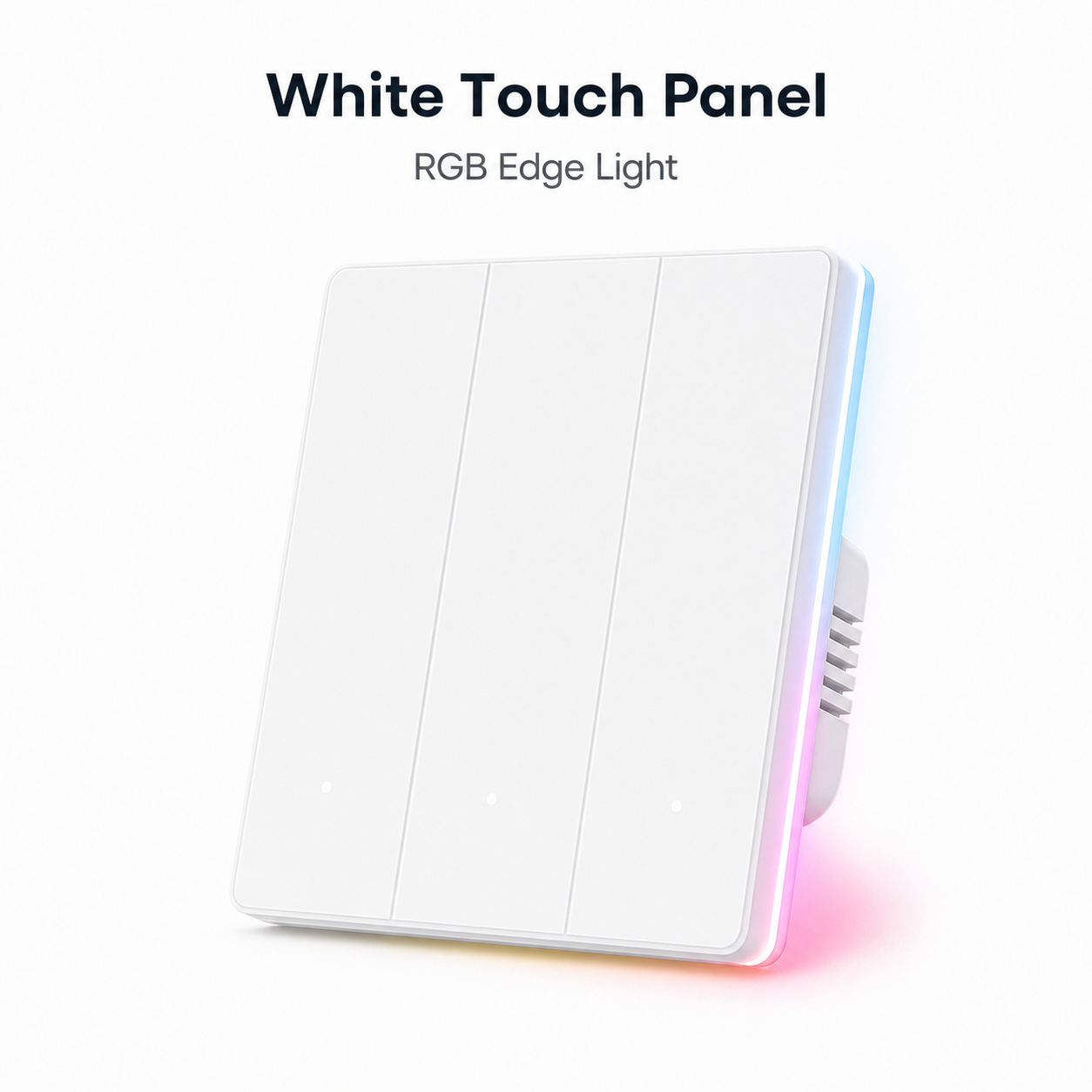 Studio packshot of white NéoTouch Ultimate T5 Pro touch panel with RGB edge light