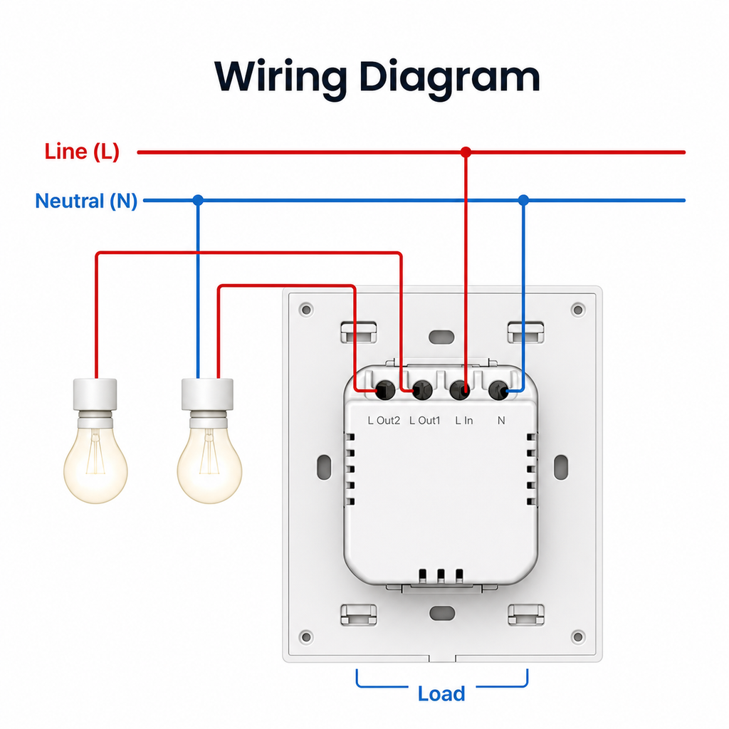 Wiring diagram for NéoTouch Ultimate T5 Pro with line, neutral and load labels