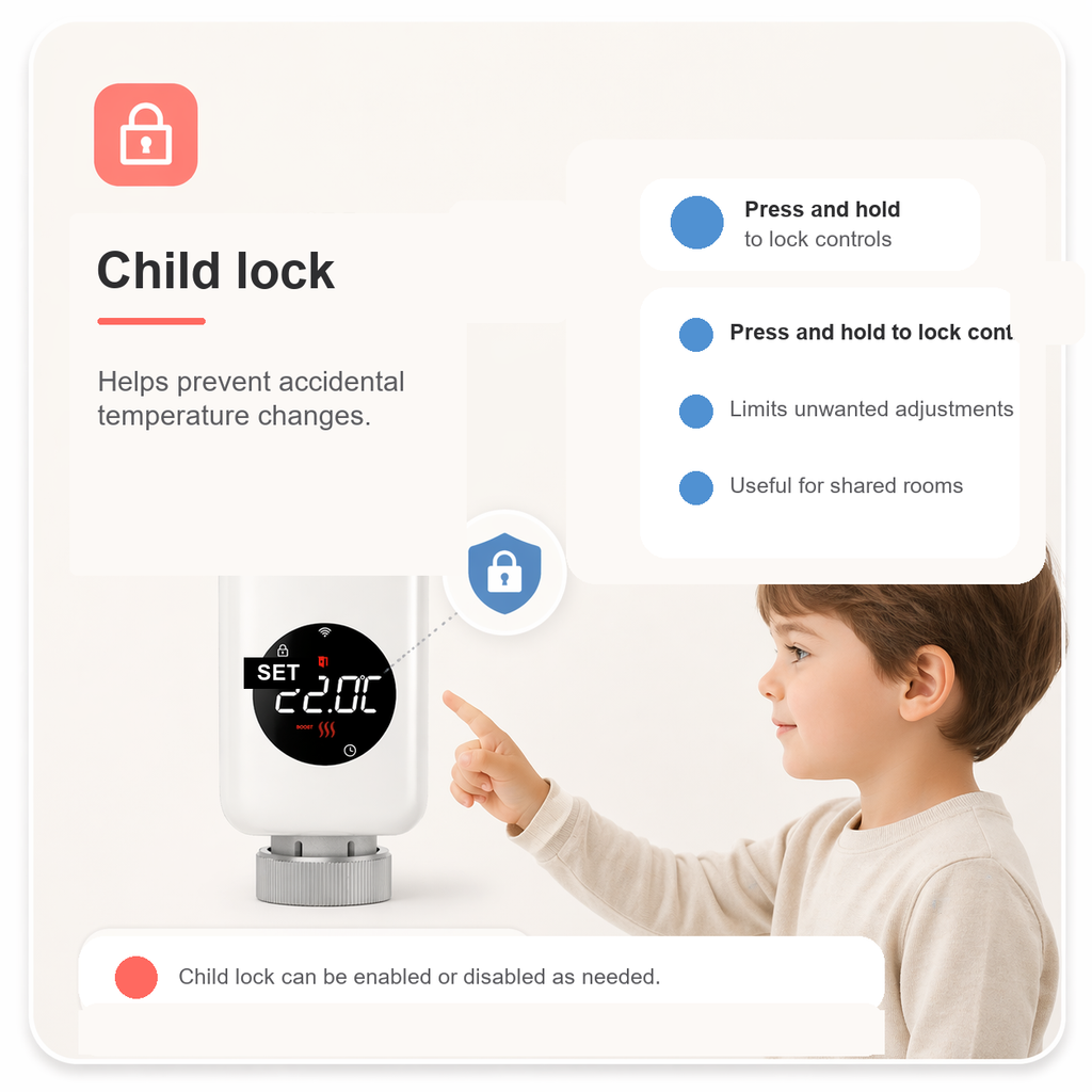 Child lock feature shown on a smart thermostatic radiator valve with a clean safety panel
