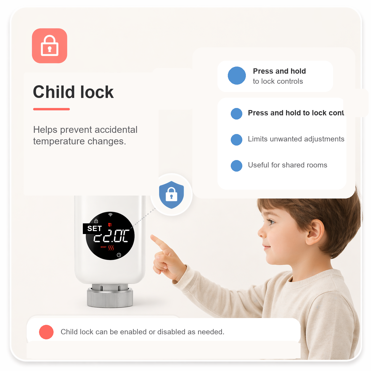 Child lock feature shown on a smart thermostatic radiator valve with a clean safety panel
