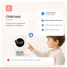 Child lock feature shown on a smart thermostatic radiator valve with a clean safety panel