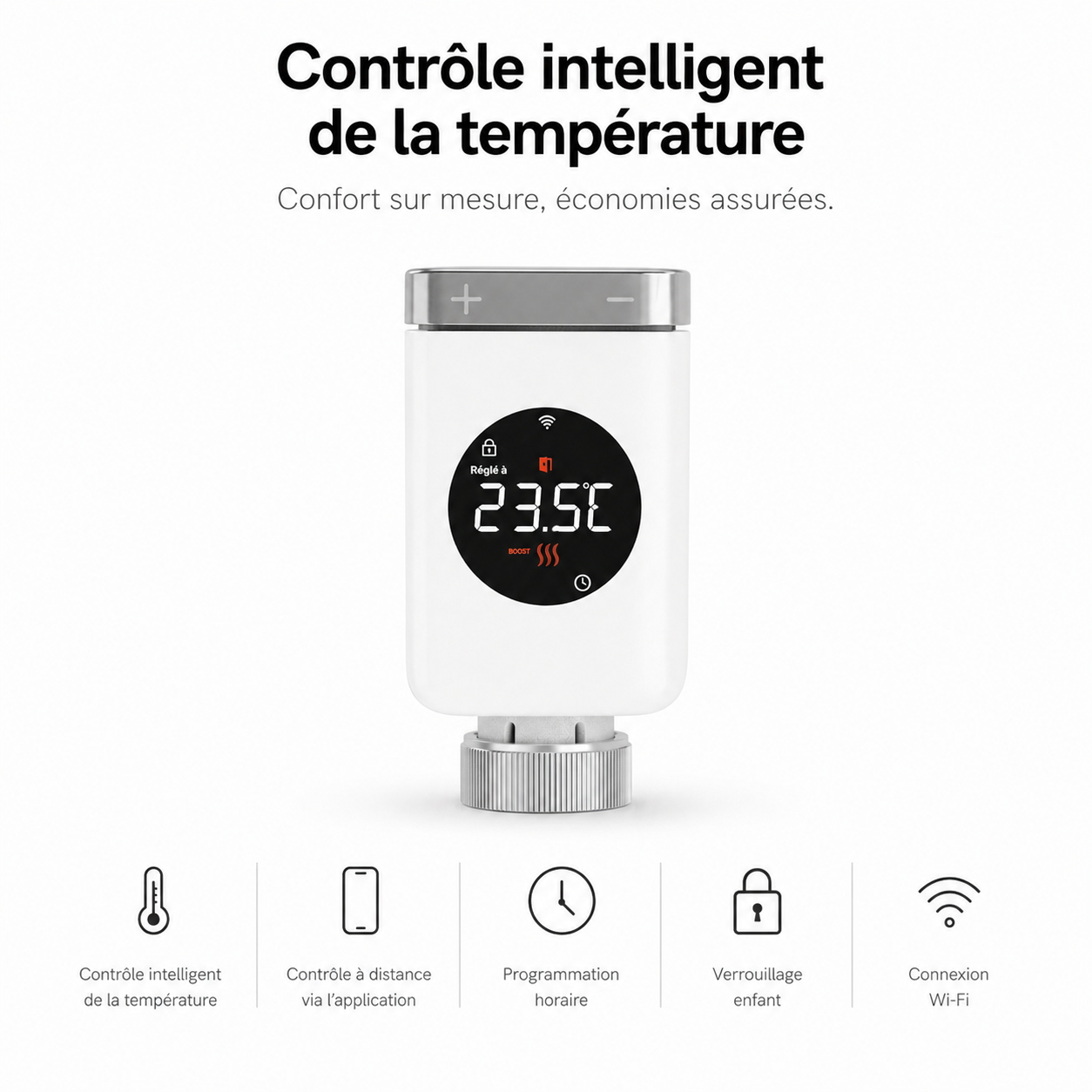 NéoValve Comfort, contrôle intelligent de la température avec vanne thermostatique connectée et application mobile.