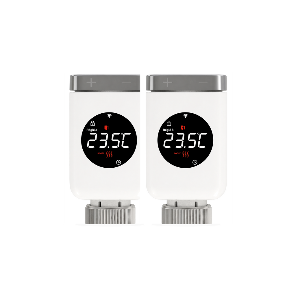 Lot de 2 vannes thermostatiques connectées NéoValve Comfort sur fond studio blanc