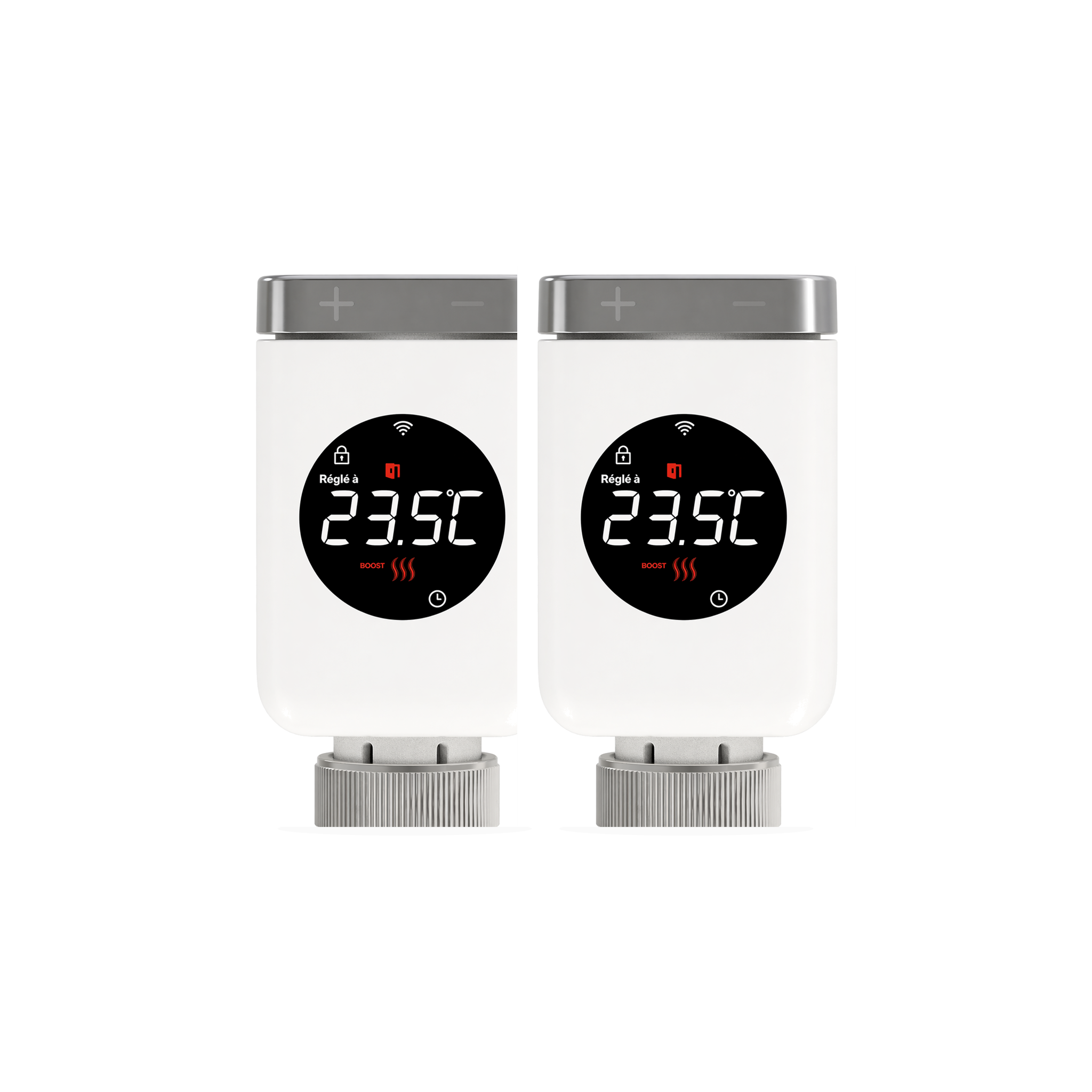 Lot de 2 vannes thermostatiques connectées NéoValve Comfort sur fond studio blanc