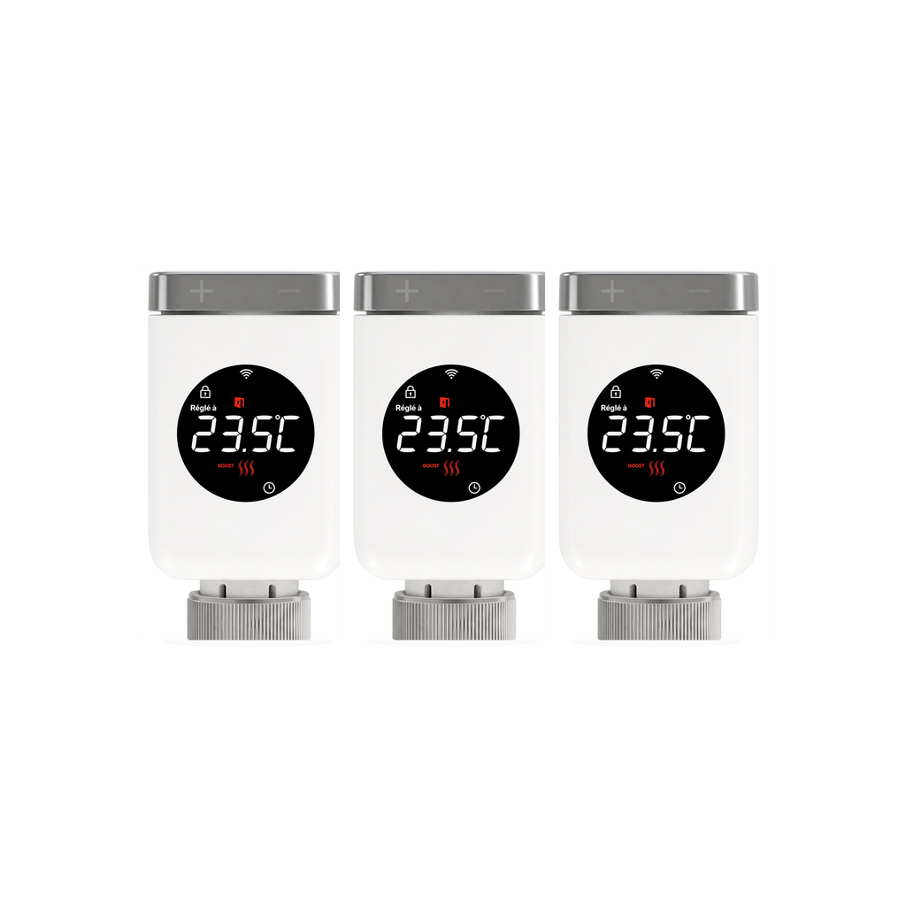 Lot de 3 vannes thermostatiques connectées NéoValve Comfort sur fond studio blanc