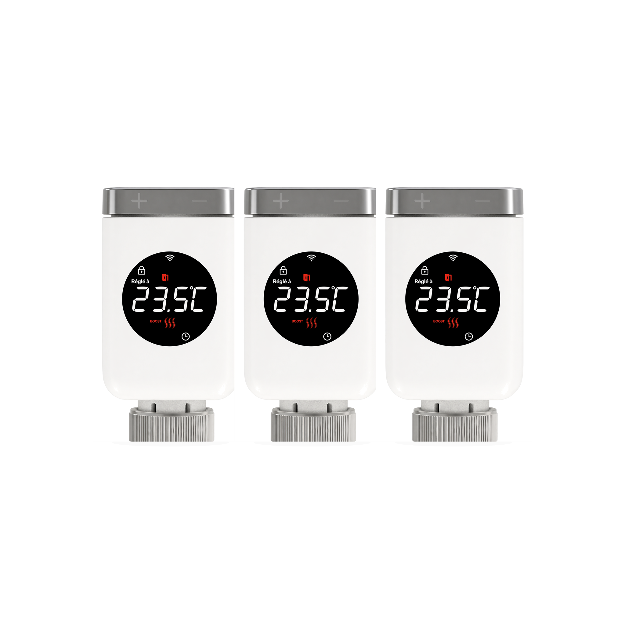 Lot de 3 vannes thermostatiques connectées NéoValve Comfort sur fond studio blanc