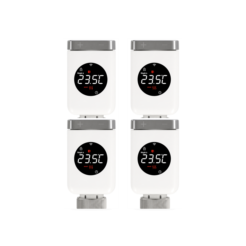 Lot de 4 vannes thermostatiques connectées NéoValve Comfort sur fond studio blanc