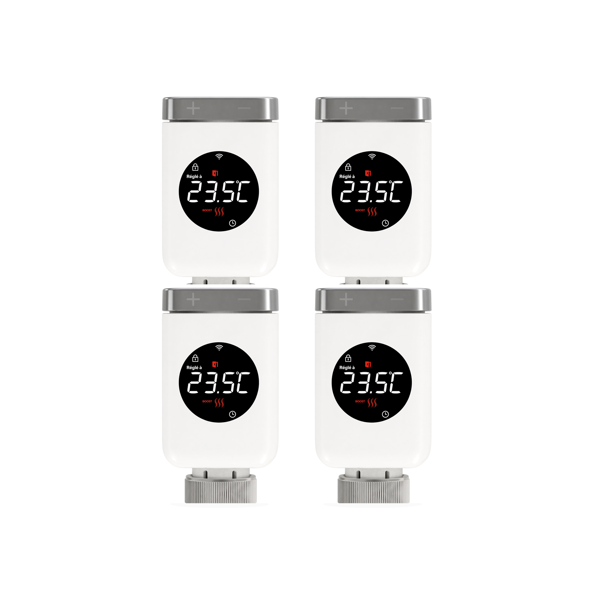 Lot de 4 vannes thermostatiques connectées NéoValve Comfort sur fond studio blanc