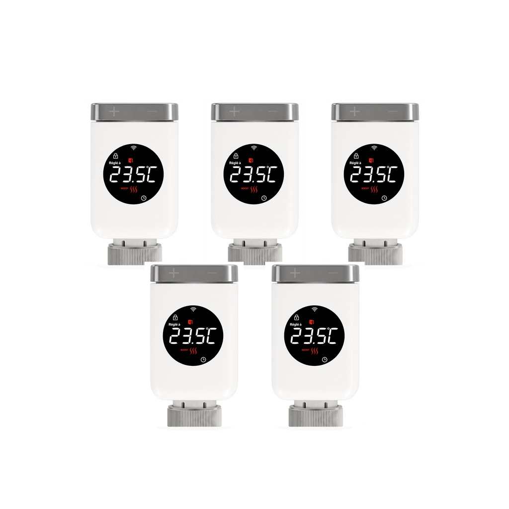 Lot de 5 vannes thermostatiques connectées NéoValve Comfort sur fond studio blanc