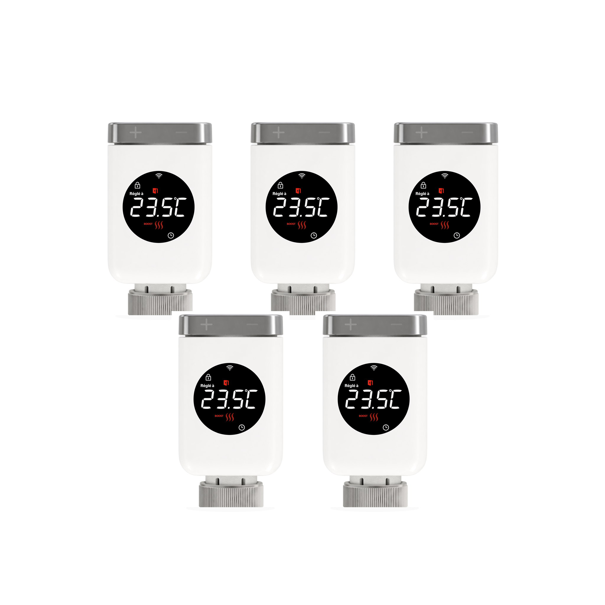 Lot de 5 vannes thermostatiques connectées NéoValve Comfort sur fond studio blanc