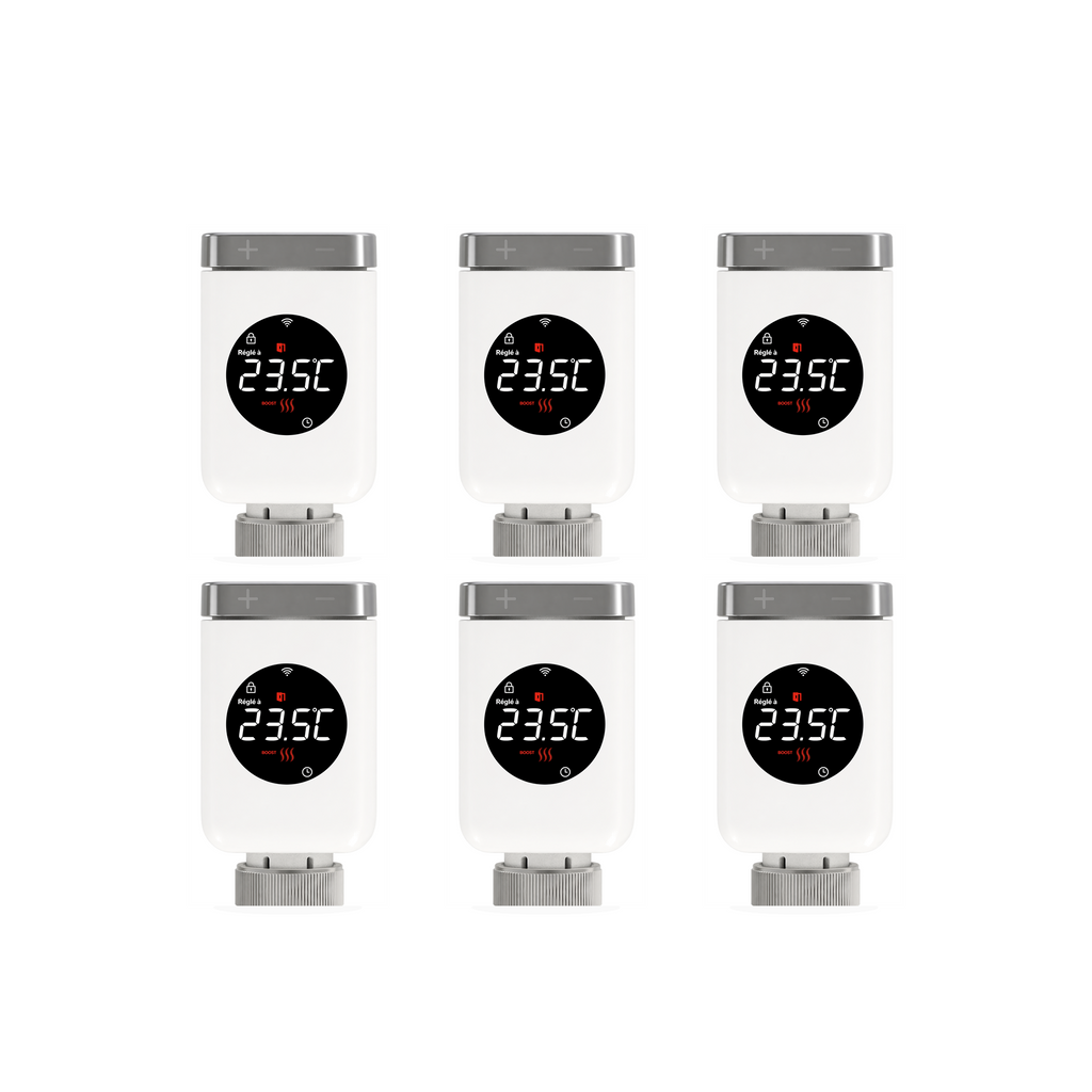 Lot de 6 vannes thermostatiques connectées NéoValve Comfort sur fond studio blanc