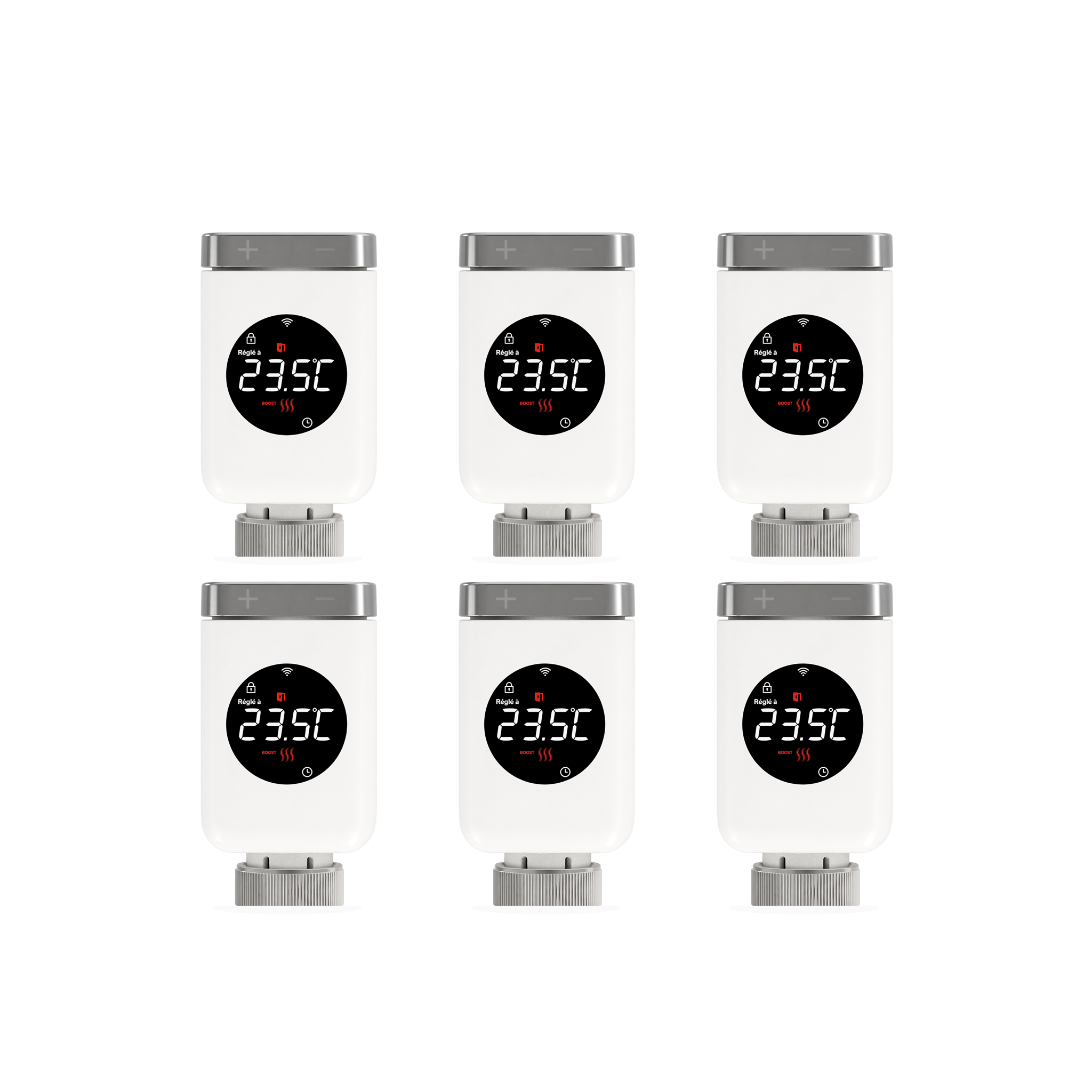 Lot de 6 vannes thermostatiques connectées NéoValve Comfort sur fond studio blanc