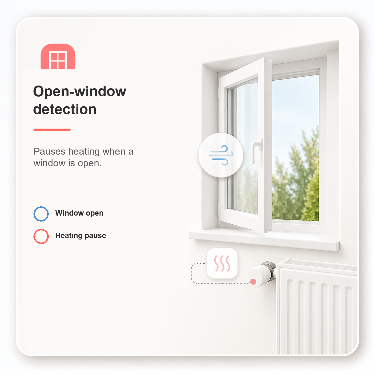 Open-window detection feature showing a radiator below an open window