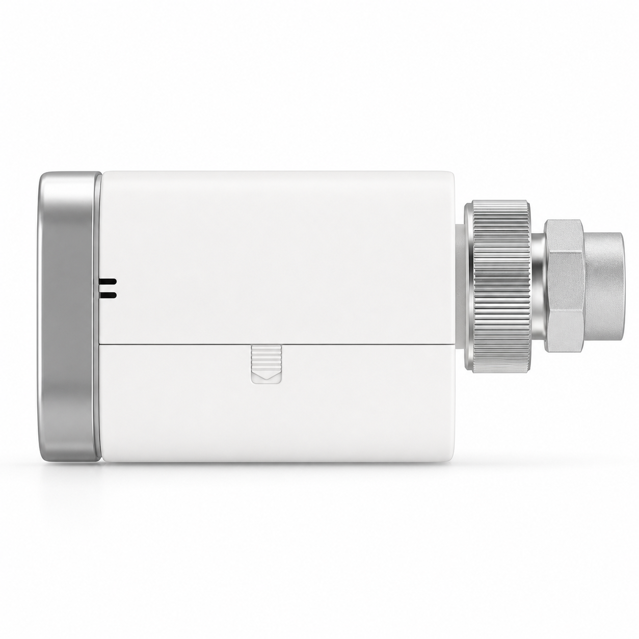 Side profile studio image of a smart thermostatic radiator valve with mounting ring
