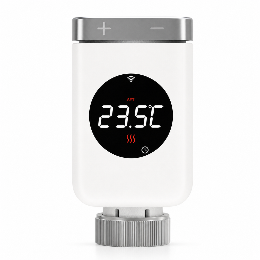 Front studio packshot of a smart thermostatic radiator valve with LED temperature display
