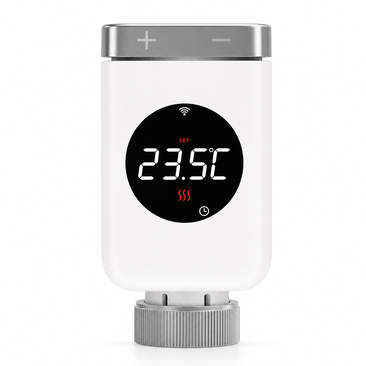 Front studio packshot of a smart thermostatic radiator valve with LED temperature display