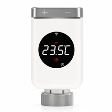 Front studio packshot of a smart thermostatic radiator valve with LED temperature display