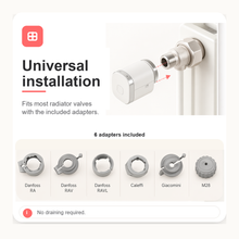 Universal installation image showing radiator valve adapters included with the smart thermostat head