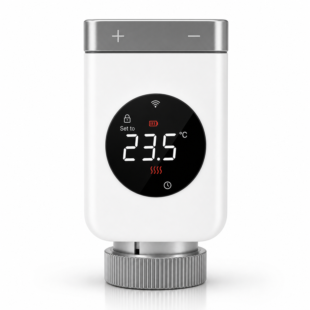 Front view of smart radiator valve with LED temperature display
