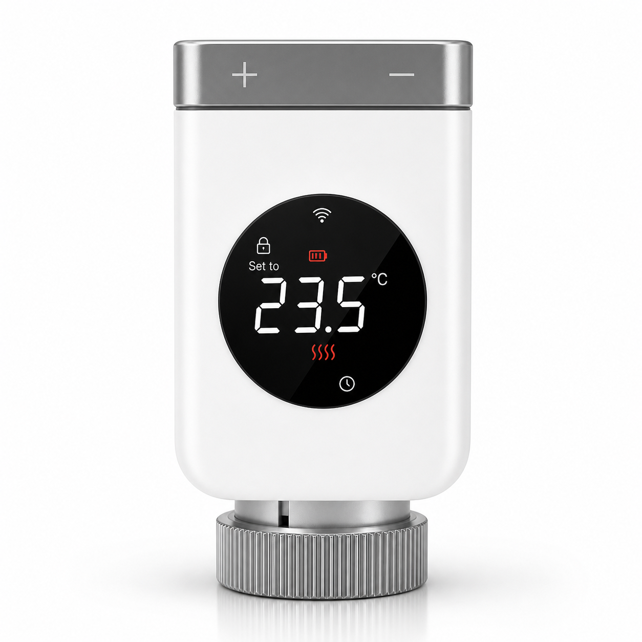 Front view of smart radiator valve with LED temperature display